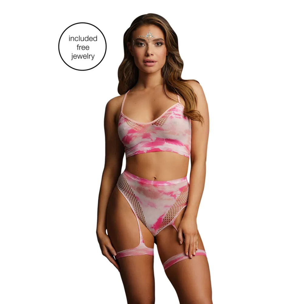 Le Désir by Shots 2-delige bh-set met jarretels en schitterende eye contact bling sticker - One Size - Multicolor