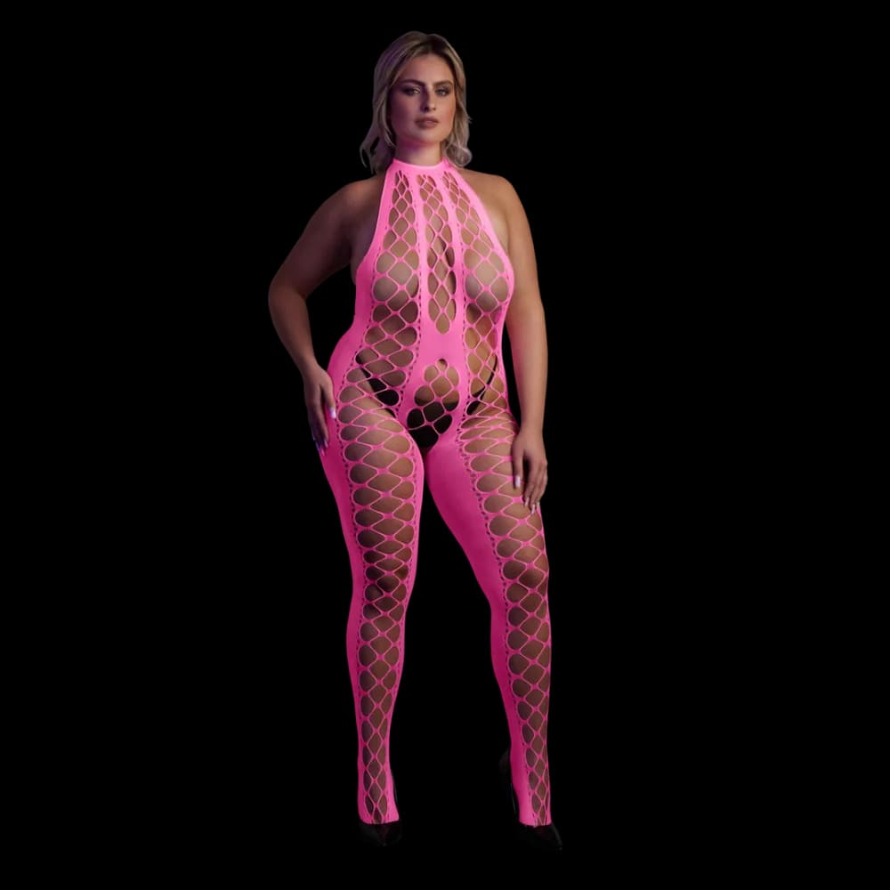 Ouch! by Shots Bodystocking met Halterneck - Plus Size - Neon Roze