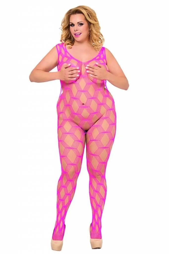 Roze mesh bodystocking.