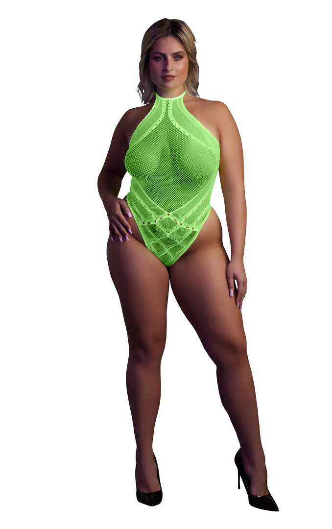 Ouch! by Shots Body met Halternek - Plus Size - Neon Groen