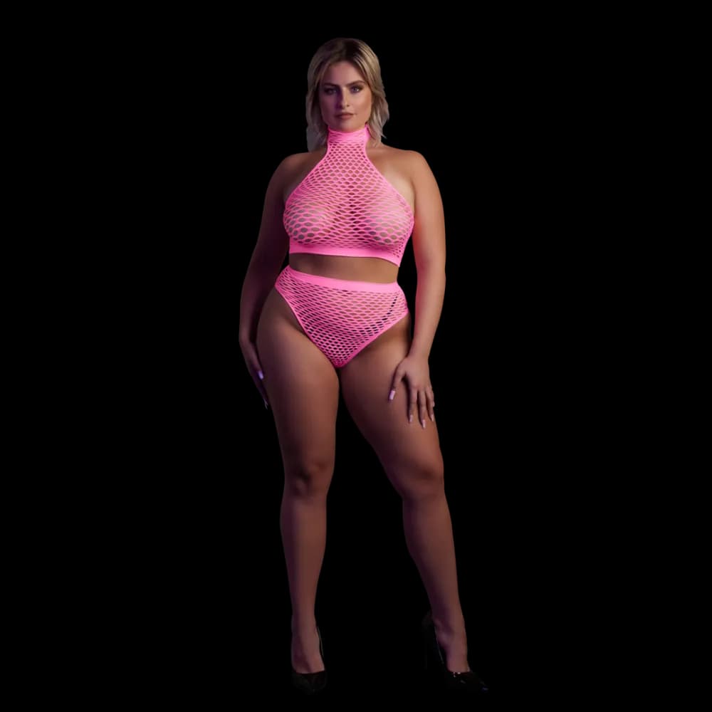 Ouch! by Shots Turtleneck en Hoge Taille Slip - Plus Size - Neon Roze