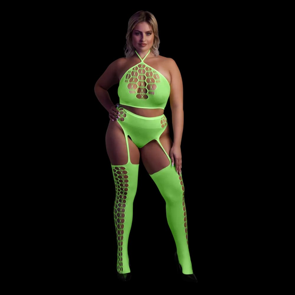 Ouch! by Shots Twee-delige set met crop top en kousen - Plus Size - Neon Groen