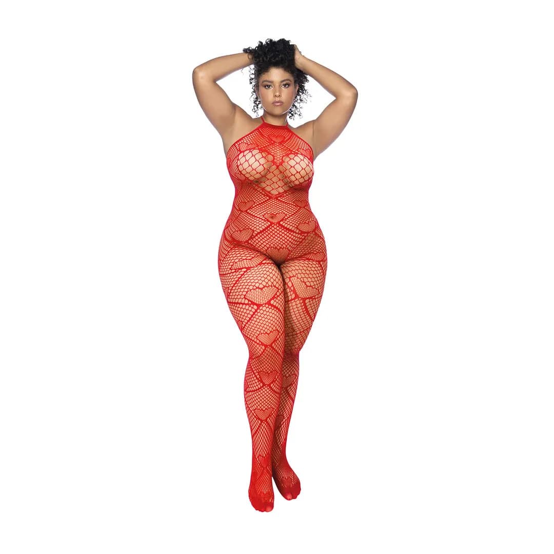Mapalé Hart Visnet Bodystocking met Strass Detail - Koning Maat - Rood