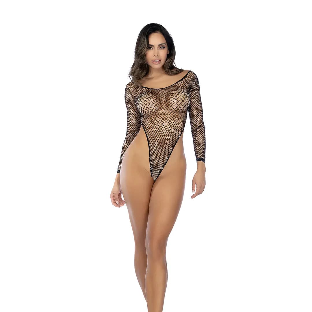 Mapalé Langsleeve Visnet Rhinestone Bodysuit - Één maat - Zwart/Rhinestone