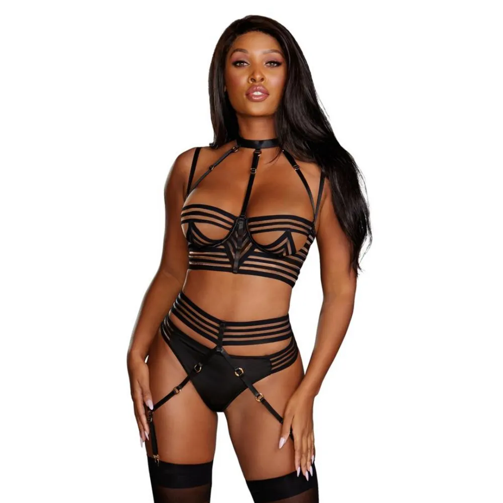Dreamgirl Doorzichtig Gestreept Bh, Kousenband en G-String Set - L - Zwart