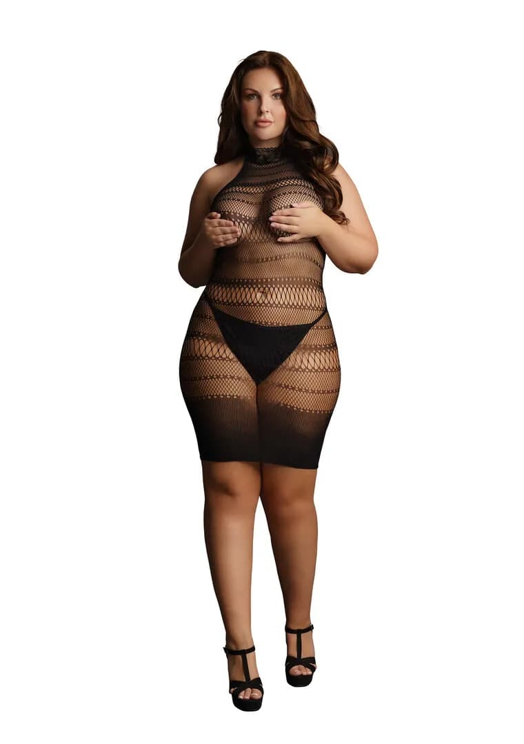 Le Désir by Shots Hoge Kant Hals Net Mini Jurk - Plus Size