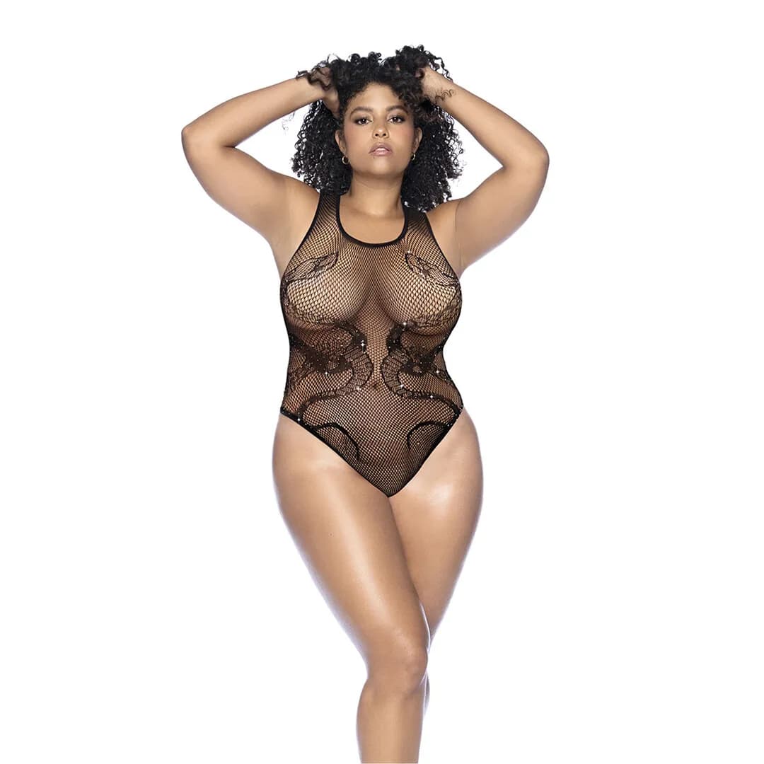 Mapalé Slangen Visnet Rhinestone Bodysuit - Koning Maat - Zwart/Rhinestone