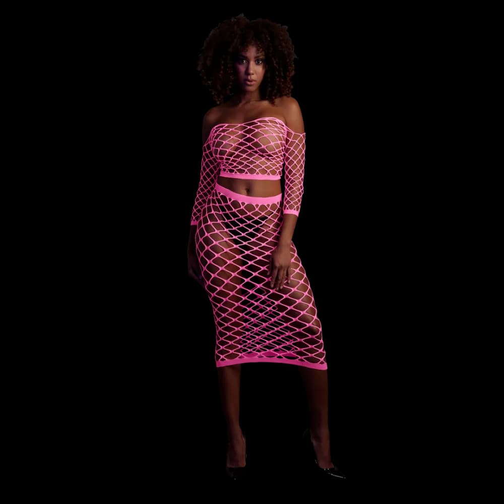 Ouch! by Shots Langarm Crop Top en Lange Rok - One Size - Neon Roze