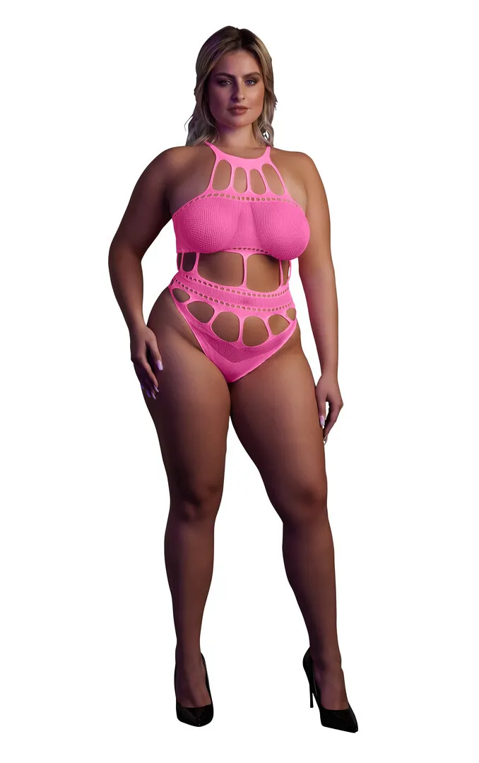 Ouch! by Shots Body met Griekse Halslijn - Grote Maten - Neon Roze