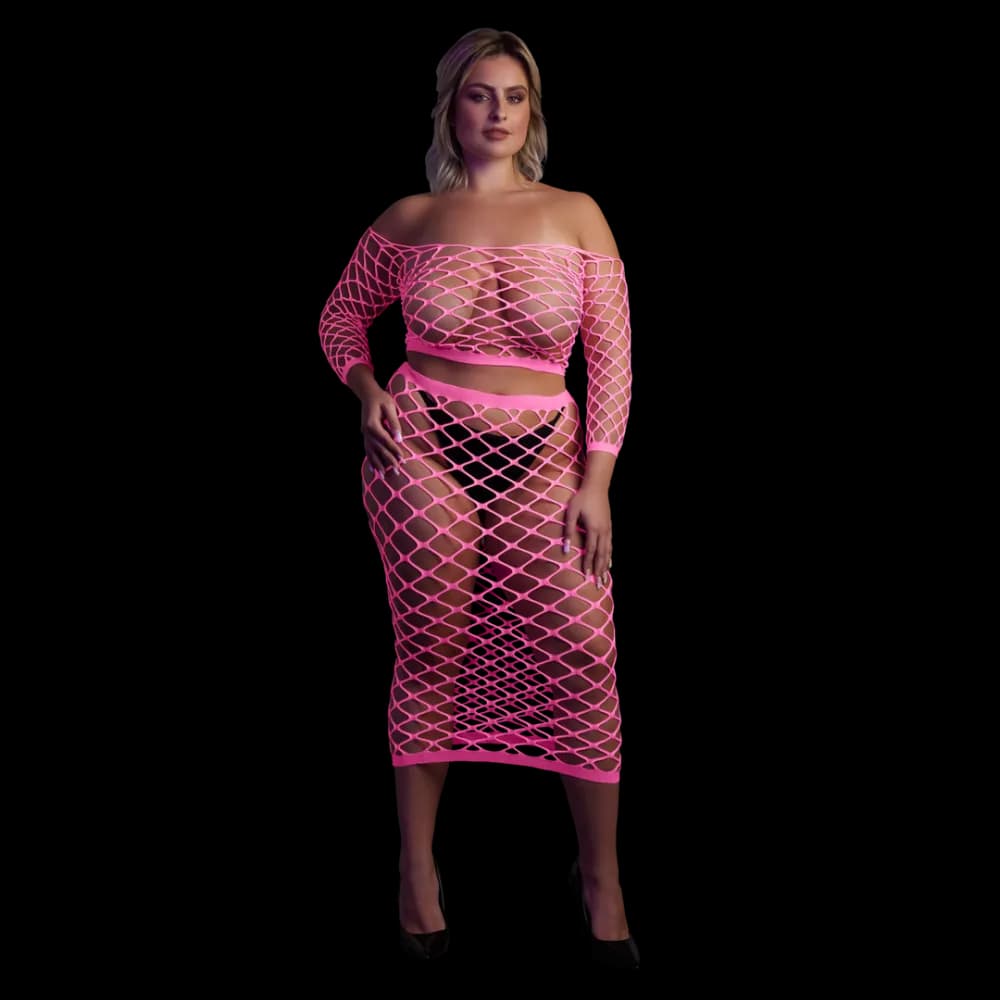 Ouch! by Shots Langemouwen Crop Top en Lange Rok - Plus Size - Neon Roze