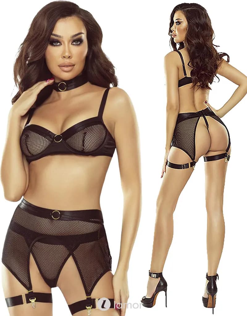 4-delige zwarte mesh lingerie set