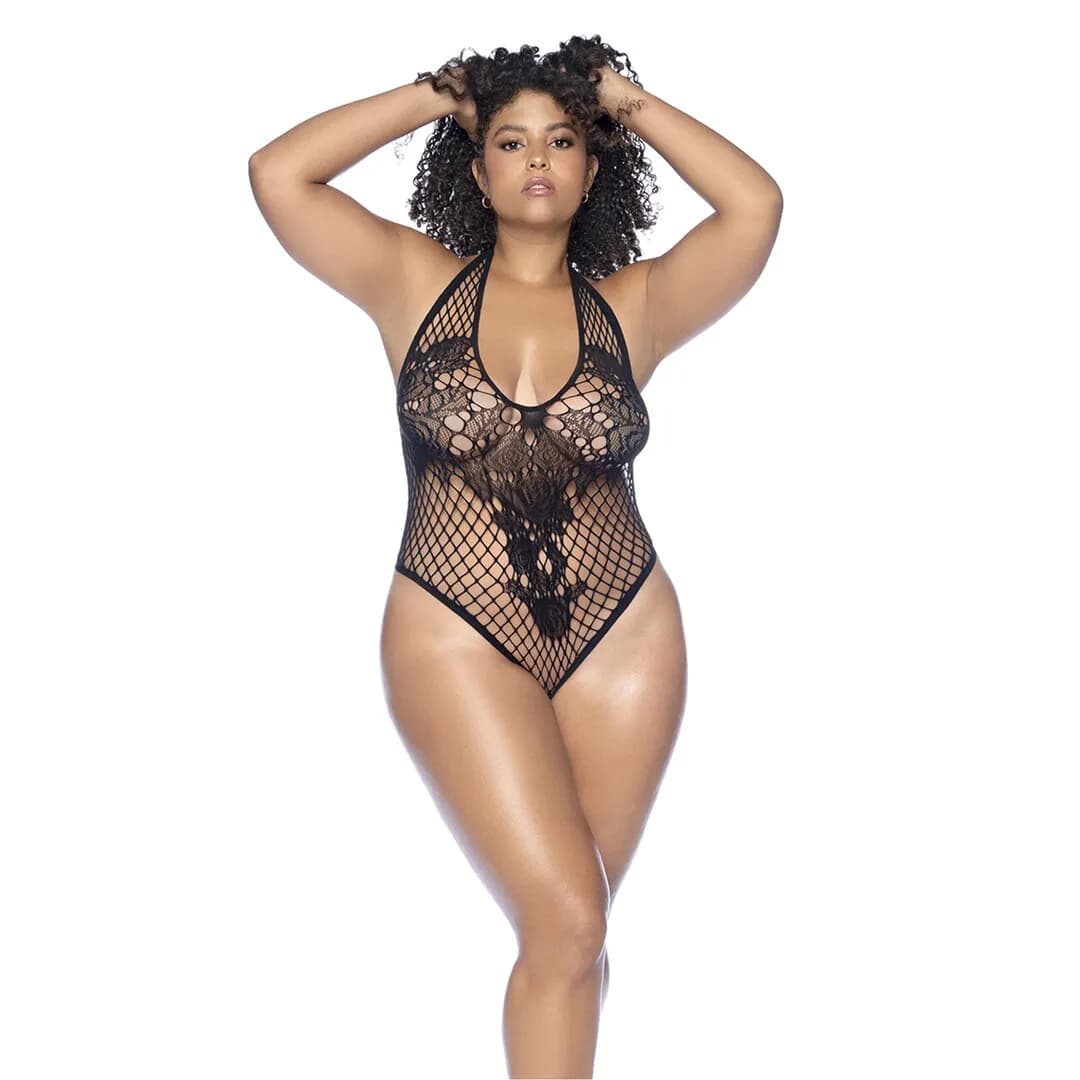 Mapalé Bloemen Fishnet Bodysuit - Koning Maat - Zwart